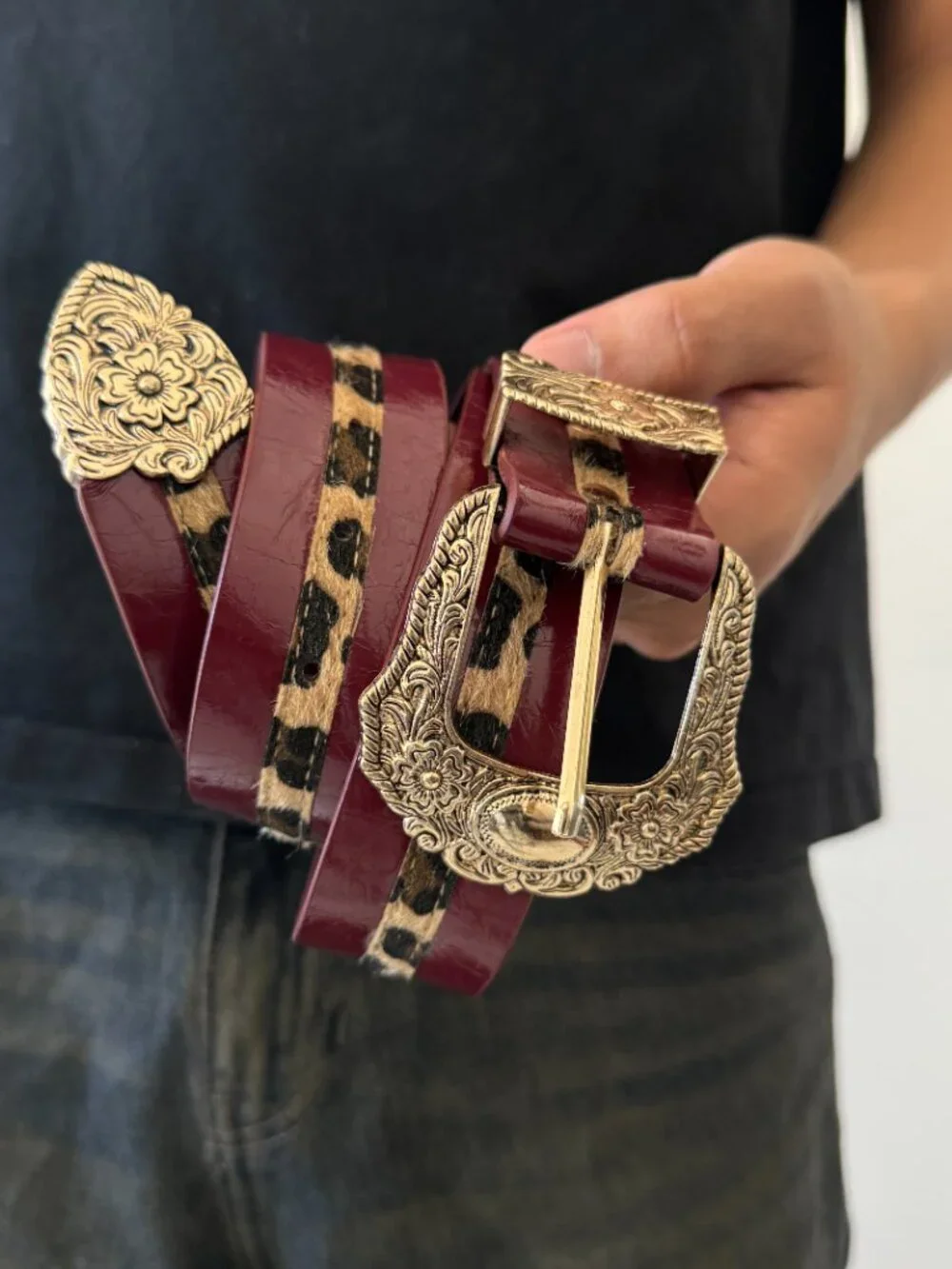 Burgundy Patent Leopard Inlay Western Belt